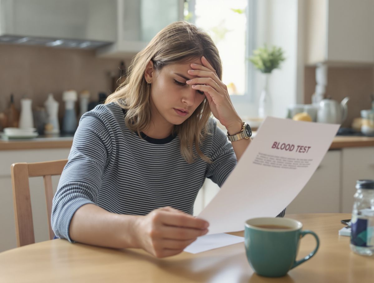 A woman at her kitchen table reading a blood test letter, hand on her forehead