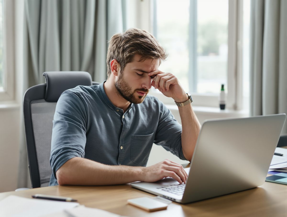 A man at his desk rubbing his eyes, worn out