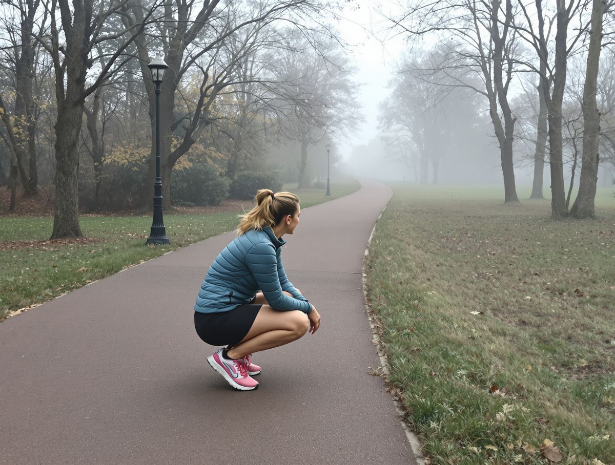 A runner crouched on a misty park path, catching her breath