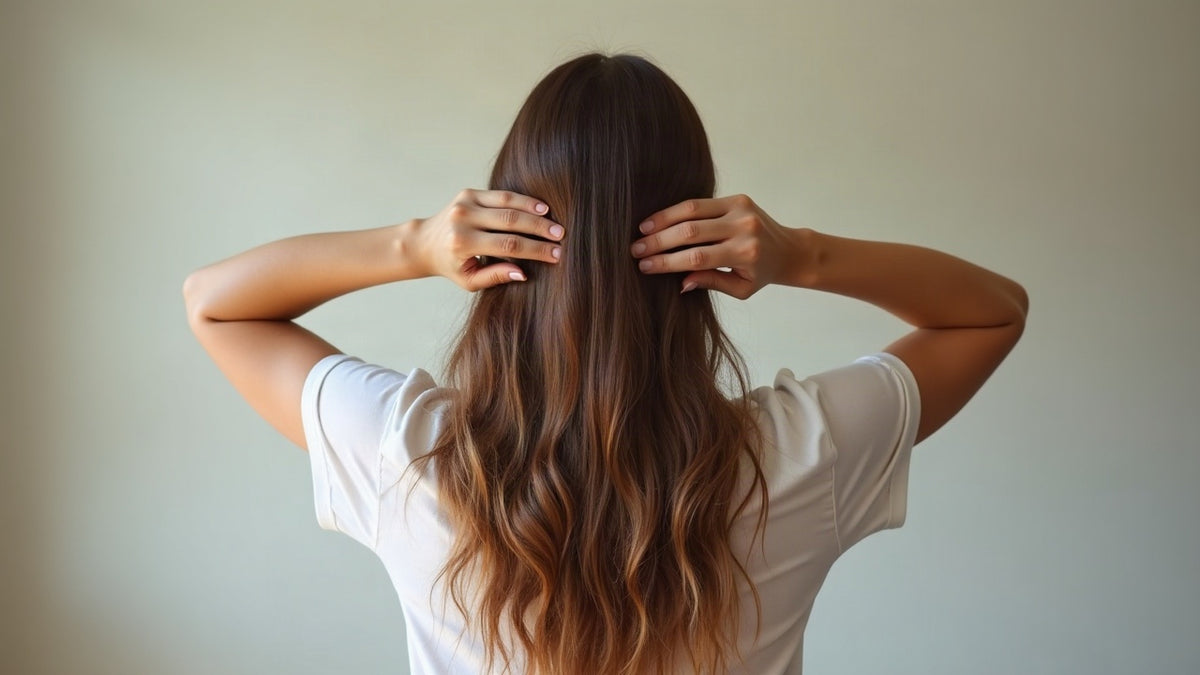 A woman with long healthy hair seen from behind, running her hands through it