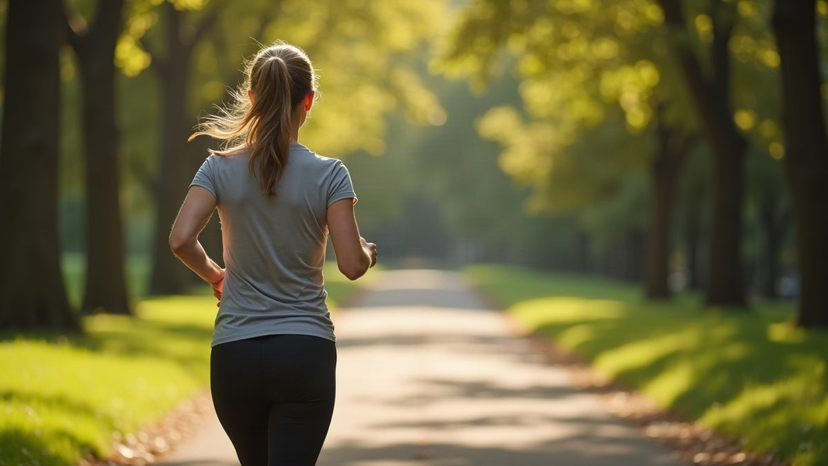 A woman jogging away along a park path, seen from behind