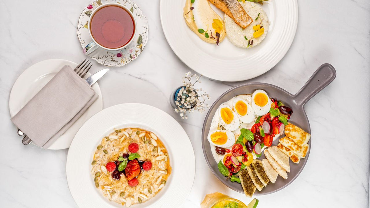 A breakfast spread of salmon, eggs, halloumi and oats, rich in calcium and vitamin D