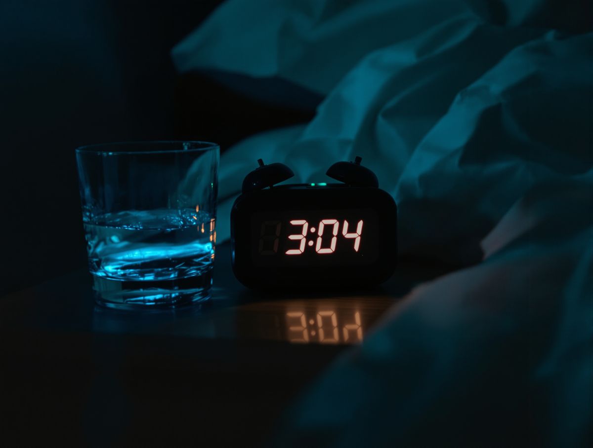 A bedside clock glowing 3:04 in the dark