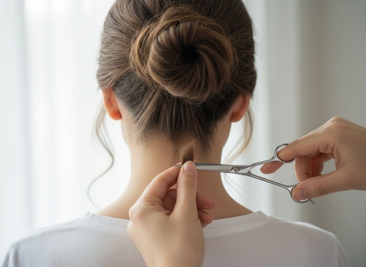 A small lock of hair being snipped from the nape of the neck, close to the scalp