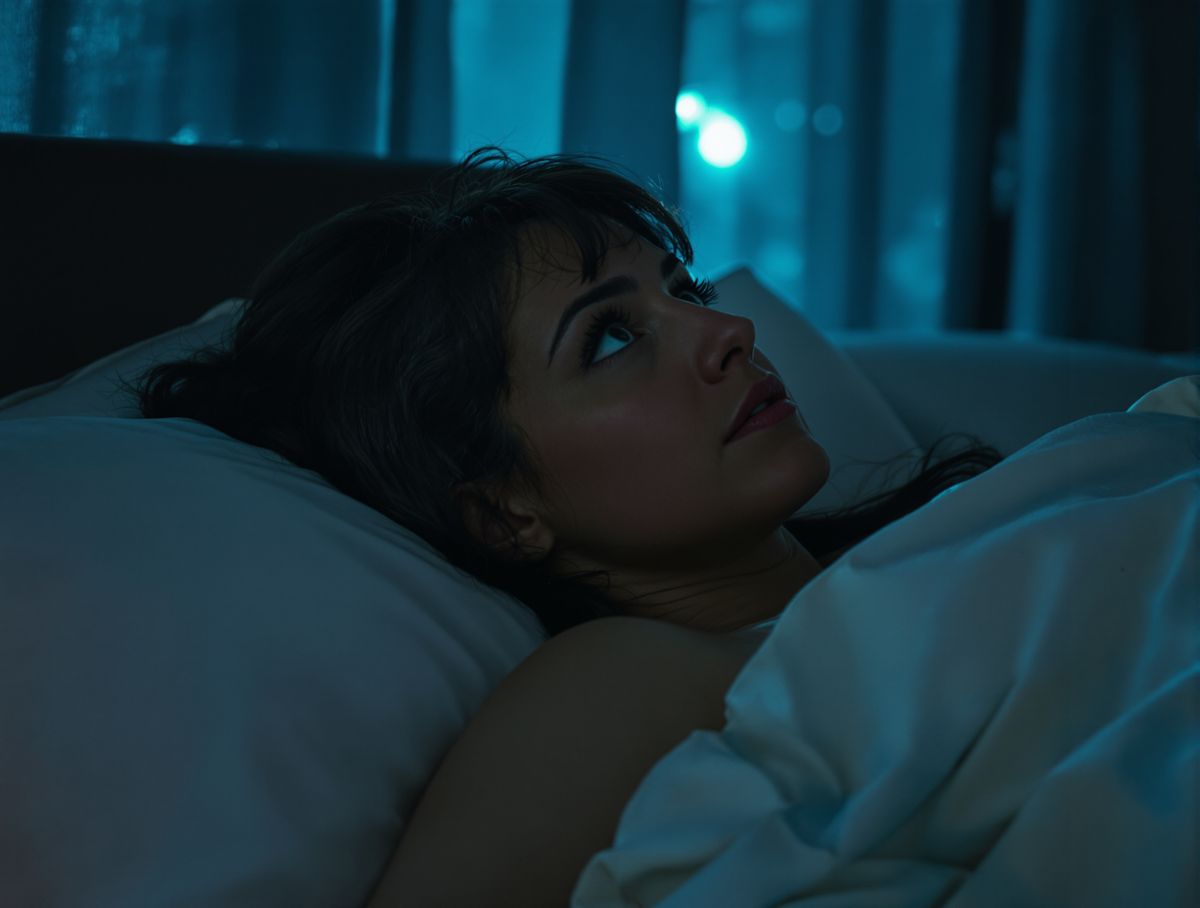 A woman lying awake in bed at night, staring at the ceiling